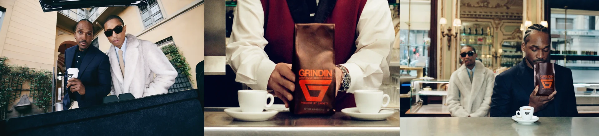 Pusha T and Pharrell in the Grindin coffee campaign — holding a Grindin cup at a café counter and reading the coffee bag